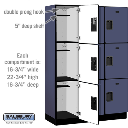 Salsbury Industries 3 Tier Designer Locker, 54"Wx76"Hx18"D, 9 Door, Blue 18-23368BLU